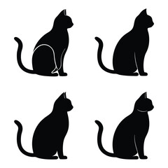 Four Black Cat Silhouettes Sitting in Profile on a White Background