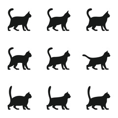 Nine Black Cat Silhouettes Walking on a White Background