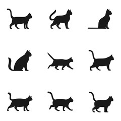 Nine Black Cat Silhouettes in Various Poses on a White Background