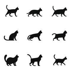 Collection of Nine Black Cat Silhouettes in Various Poses on a White Background