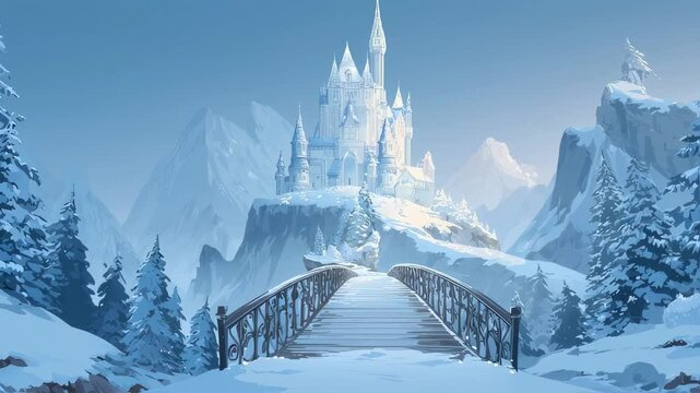 Magnificent ice castle is standing on a snowy mountain landscape, with a bridge leading to its entrance, surrounded by snow covered trees. The image evokes a sense of wonder and magic