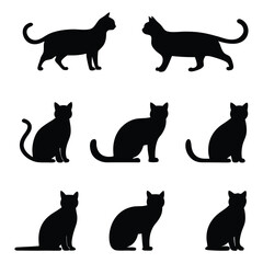 Collection of Black Cat Silhouettes in Various Poses on a White Background