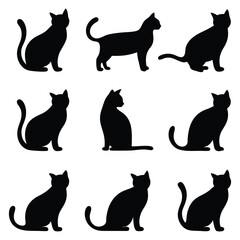 Collection of Nine Black Cat Silhouettes in Various Poses on White Background