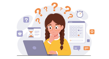 Student thinking about online exam in educational concept vector illustration for learning and study motivation design