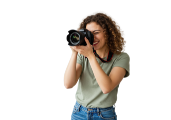Young woman smiling while holding a camera in a photography studio