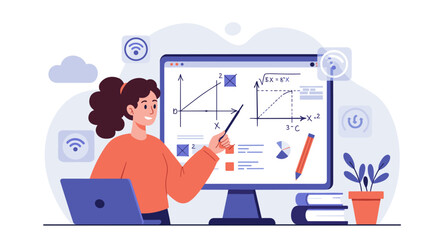 Educational technology vector illustration: woman teaching mathematics in a digital classroom for e-learning design