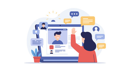 Online meeting communication vector illustration for digital collaboration and virtual team interaction in a flat style
