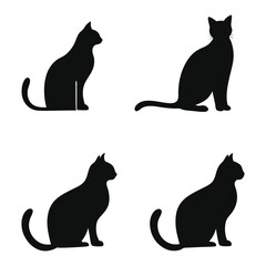 Four Cat Silhouettes in Different Poses Isolated on White Background