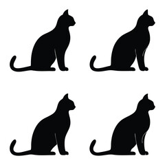 Four Black Cat Silhouettes Sitting on a White Background Side View
