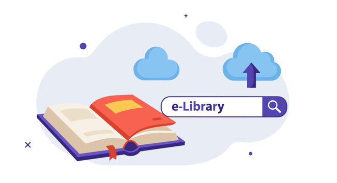 E-library concept with open book and cloud storage vector illustration for educational design
