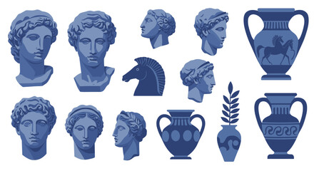 Ancient greek artifacts vector illustration: classical sculptures and vases for graphic design