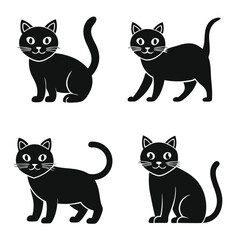 Four Black Cat Silhouettes in Different Poses on a White Background