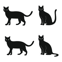 Black Cat Silhouettes Walking Sitting and Posing on a White Background