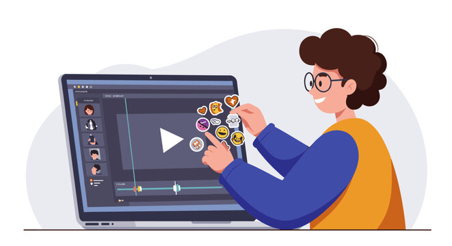 Young content creator engaged in video editing process vector illustration for digital media design