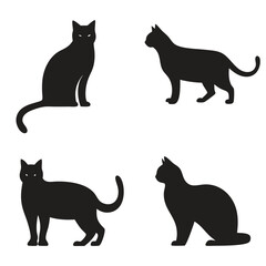 Four Black Cat Silhouettes in Various Poses on a White Background