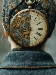 Close up of a steampunk pocket watch attached to a woman's head, showcasing intricate gears and mechanisms alongside a traditional clock face for a unique fashion statement