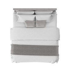 A minimalist and modern bed with soft, comfortable linens. The bed is perfectly made, ready for rest, and is presented from a top-down perspective