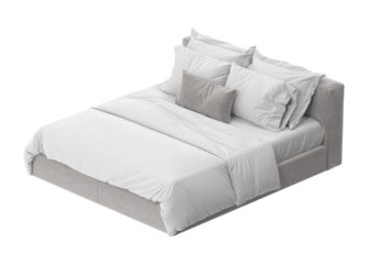 A comfortable bed with pillows and blanket, perfect for relaxation and sleep. The bed has soft linens and cushions, inviting a sense of tranquility and rest
