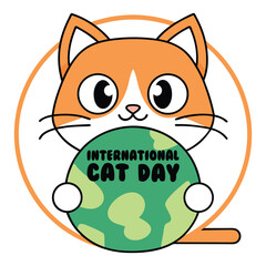 Cute Cartoon Cat Celebrating International Cat Day with a Green Globe