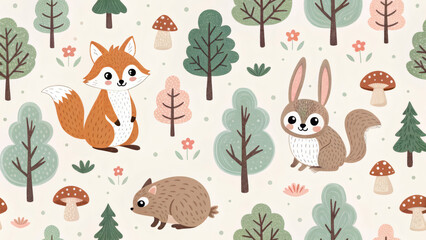 Cute Forest Animals Seamless Pattern in Soft Pastels
