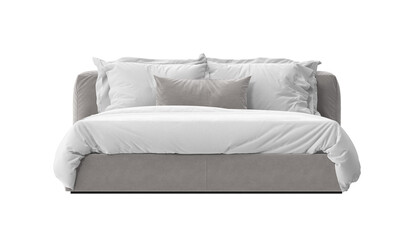 A luxurious bed with soft pillows and a white comforter, isolated on white background. The scene evokes comfort and relaxation