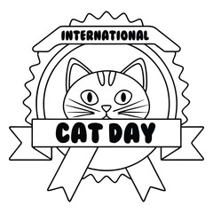 International Cat Day Emblem with Cartoon Cat and Ribbon Banner