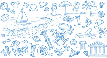 Beach vacation vector illustration: summer icons and sea elements in hand drawn style for design