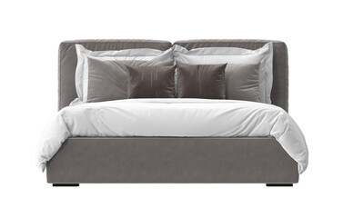 A modern bed beautifully arranged with pillows and covers. The bed exudes comfort and luxury. The soft textiles and sophisticated design invite rest and relaxation