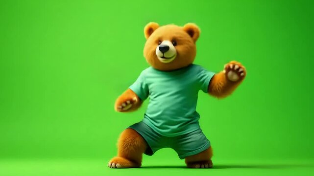 Fuzzy bear in green athletic wear stretches on a solid green background