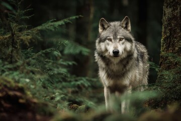 Fototapeta premium Majestic wolf roaming lush forest, embodying untamed nature and wilderness spirit for wildlife enthusiasts and photographers seeking breathtaking imagery