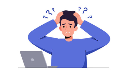 Confused and frustrated man working on laptop vector illustration for stress and problem-solving concepts