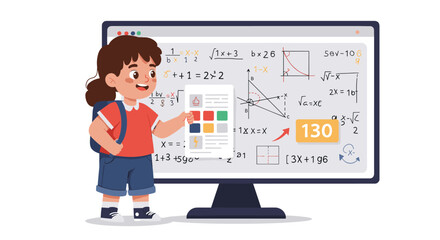 Educational vector illustration of a young student learning mathematics with charts and equations displayed on a monitor