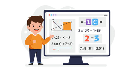 Fototapeta premium Educational math vector illustration for children's learning with computer screen and happy student