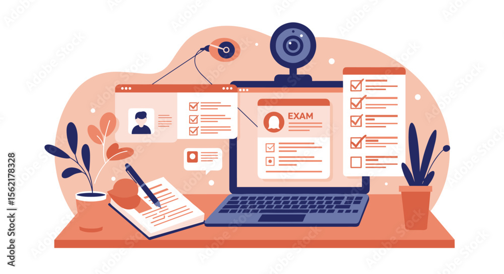 Poster online exam setup vector illustration for remote learning and testing design in flat style