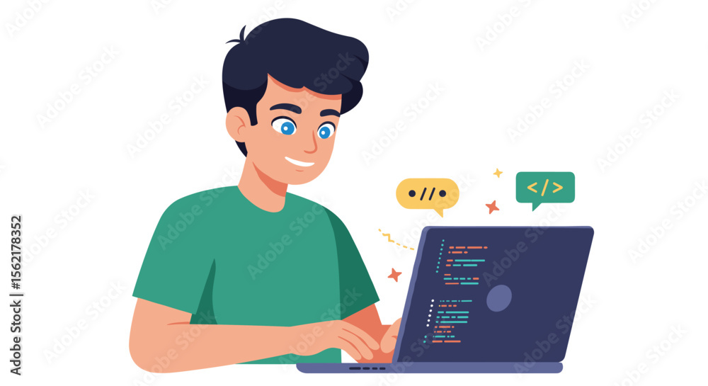 Poster young programmer working on laptop with code in speech bubbles vector illustration for tech design
