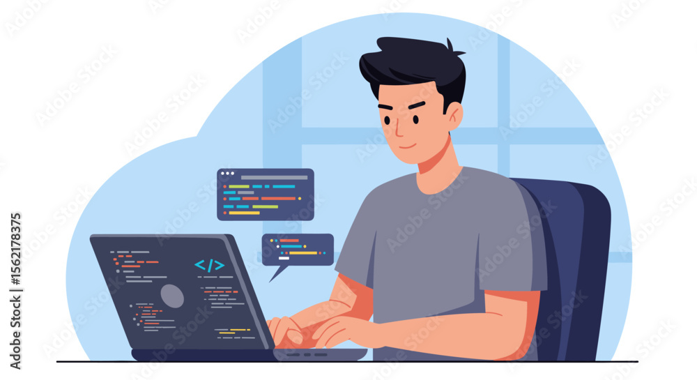 Poster developer coding at laptop with debugging elements in modern flat vector illustration