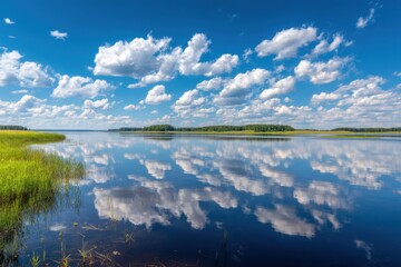 Tranquil lake reflections at valdis in turna, latvia with a bright blue sky and soft clouds for nature enthusiasts and landscape photographers