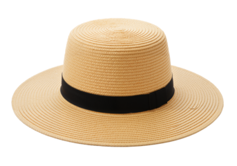 Classic straw hat with black ribbon on transparent background, summer fashion accessory photo