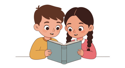 Children reading together vector illustration for educational projects and storybook designs