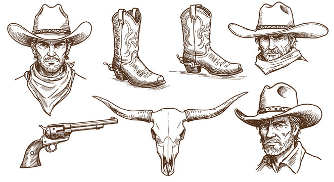 Western cowboy theme vector illustration: vintage sketch style for design, poster, or card