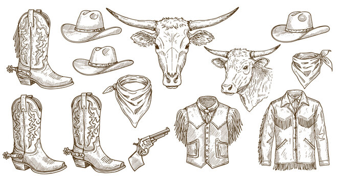Western cowboy elements vector illustration with boots hats and cattle heads in vintage style for poster or print design