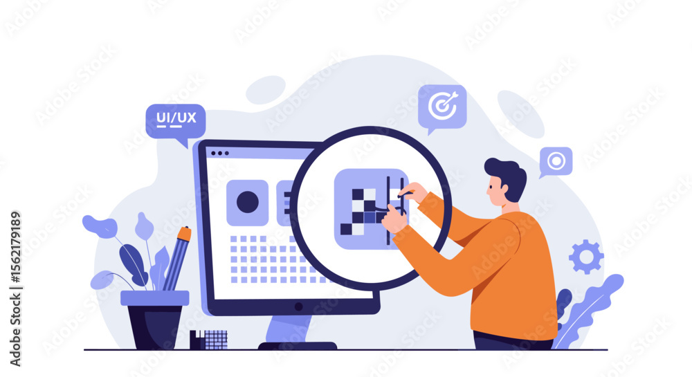 Poster ui ux design process vector illustration with designer at computer in flat style