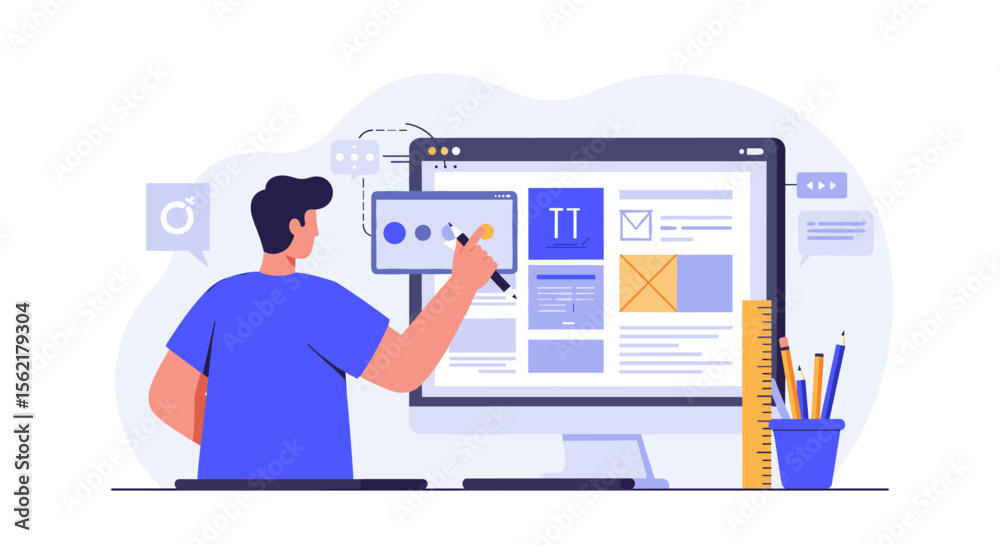 Poster web design process with ui and ux elements in a modern flat style vector illustration for digital de