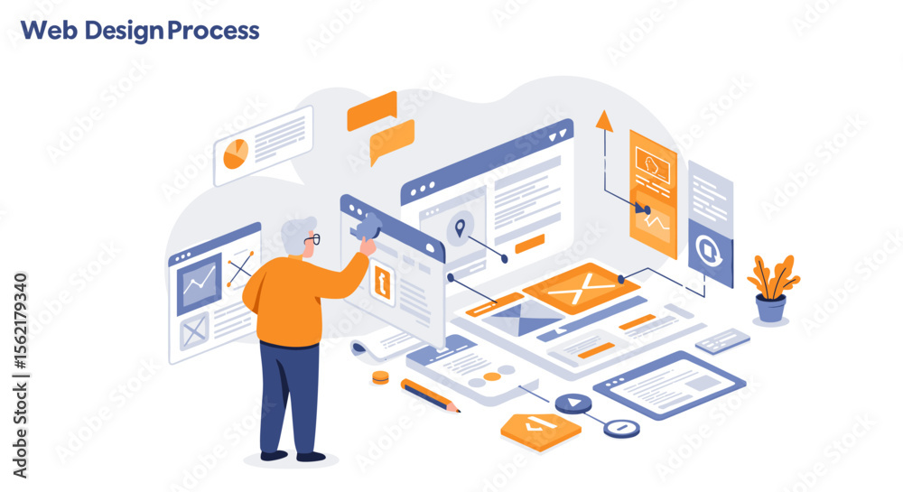 Poster web design process vector illustration in isometric style for digital strategy and development proje