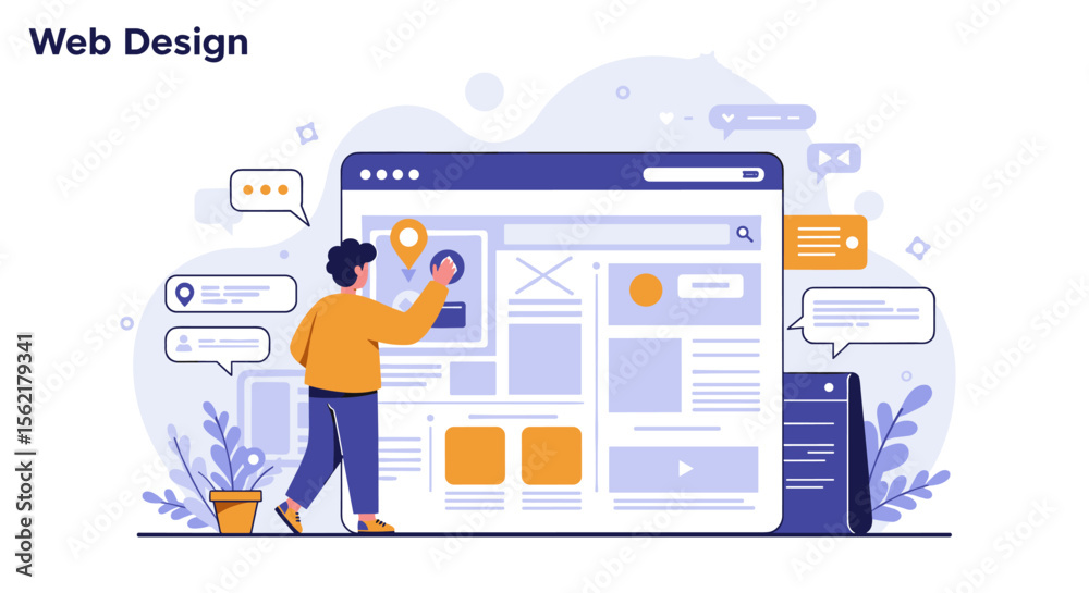 Poster web design process vector illustration for digital projects and user interface concepts in flat styl