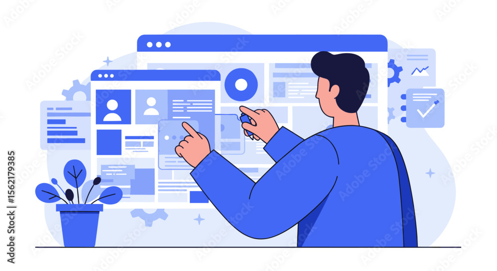 Poster user experience design with interactive interface elements in flat vector illustration