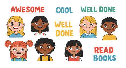 Diverse children with positive messages celebrating reading in flat vector illustration