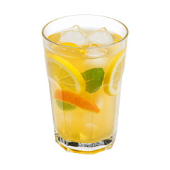 Glass of lemonade with ice and fruit slices on transparent background, refreshing summer drink photo