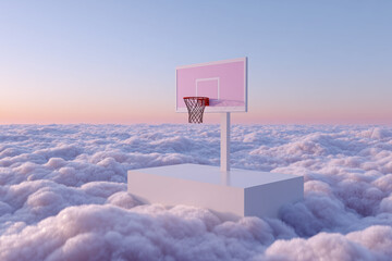 Surreal basketball hoop hovering above dreamy clouds at sunset, creative sport concept with pink sky