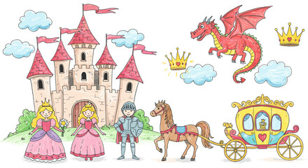 Fototapeta premium Whimsical fairy tale vector illustration featuring castle, prince, princess, dragon, and carriage in hand-drawn style for children's design